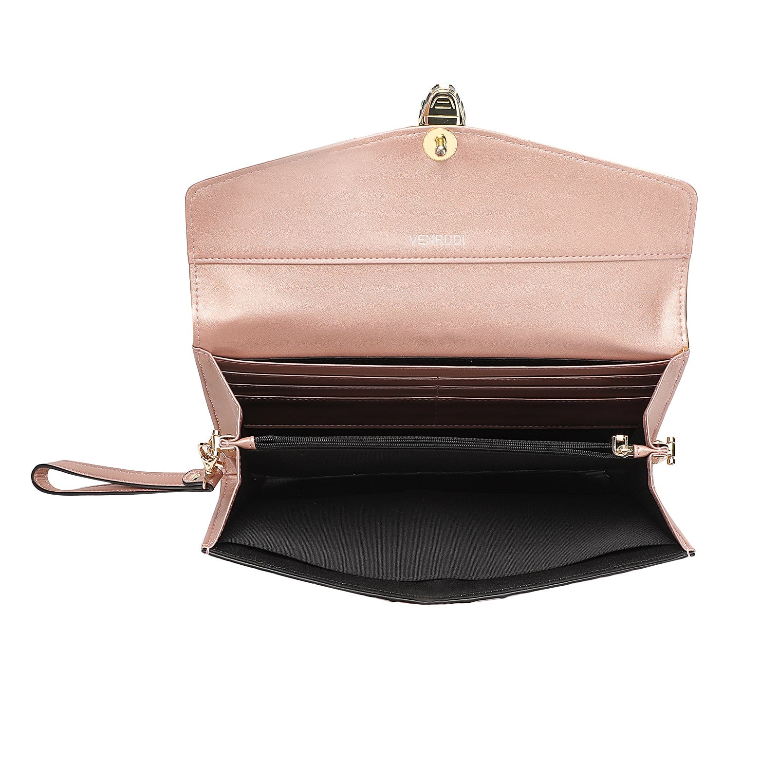 Pink handbag with open interior on a white background