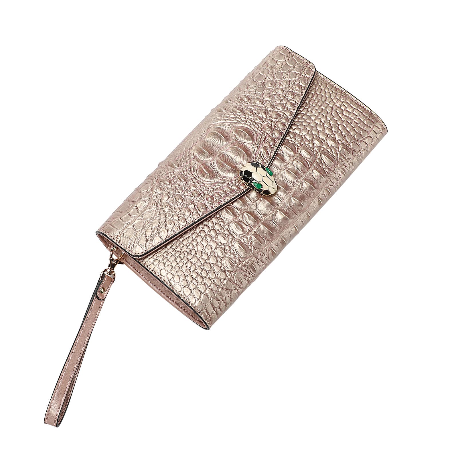 Rose gold textured wallet with a strap on a white background