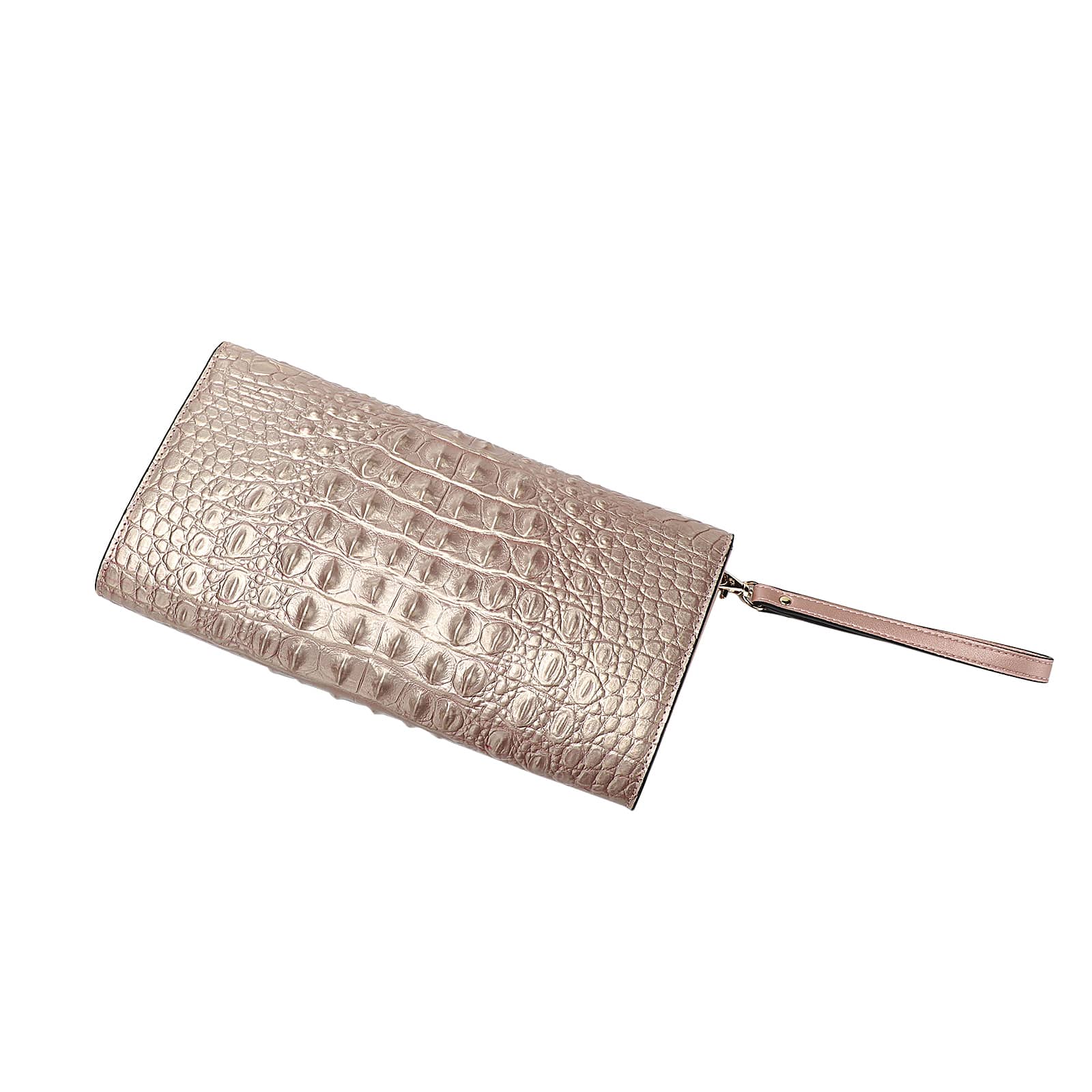 Rose gold clutch bag with crocodile texture on a white background