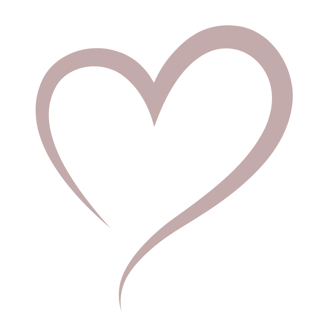 Minimalist line art graphic of a stylized, open-swept heart outline in a muted blush color.
