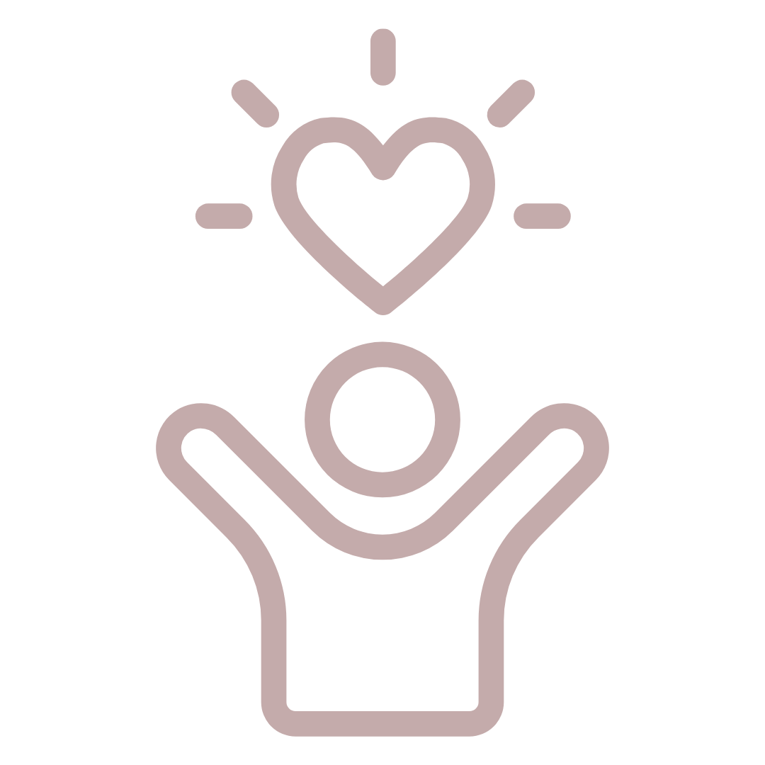 Minimalist line art icon depicting a stylized figure raising hands toward a glowing heart above, drawn in a muted blush color.