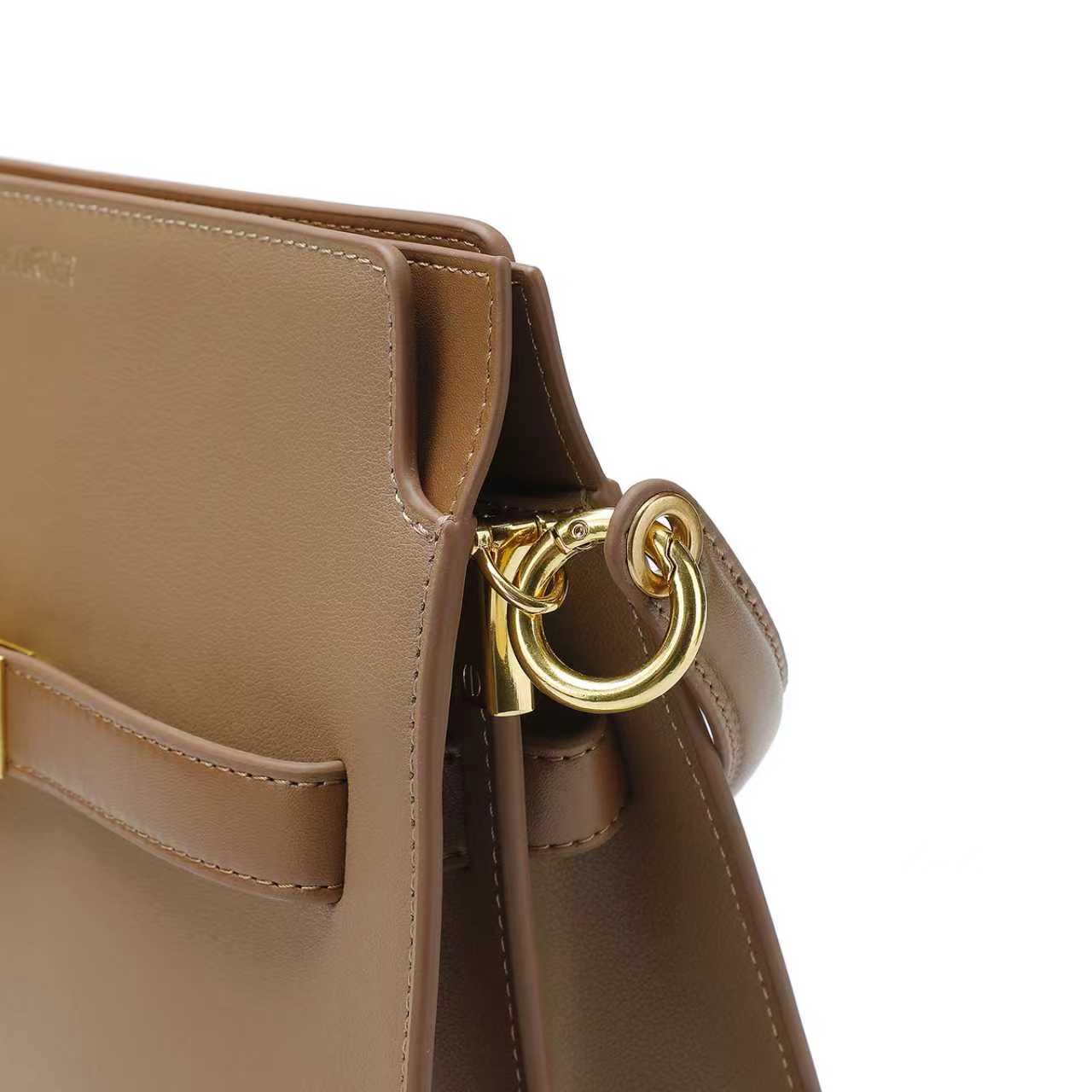 Tan Leather Handbag with Belt-Buckle Detail and Detachable Shoulder Strap