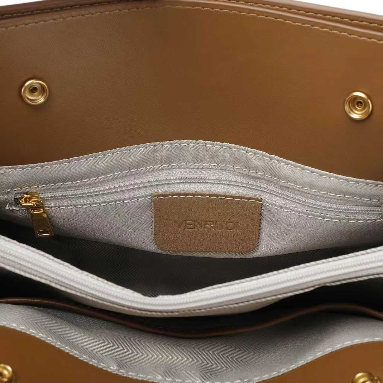 Tan Leather Handbag with Belt-Buckle Detail and Detachable Shoulder Strap