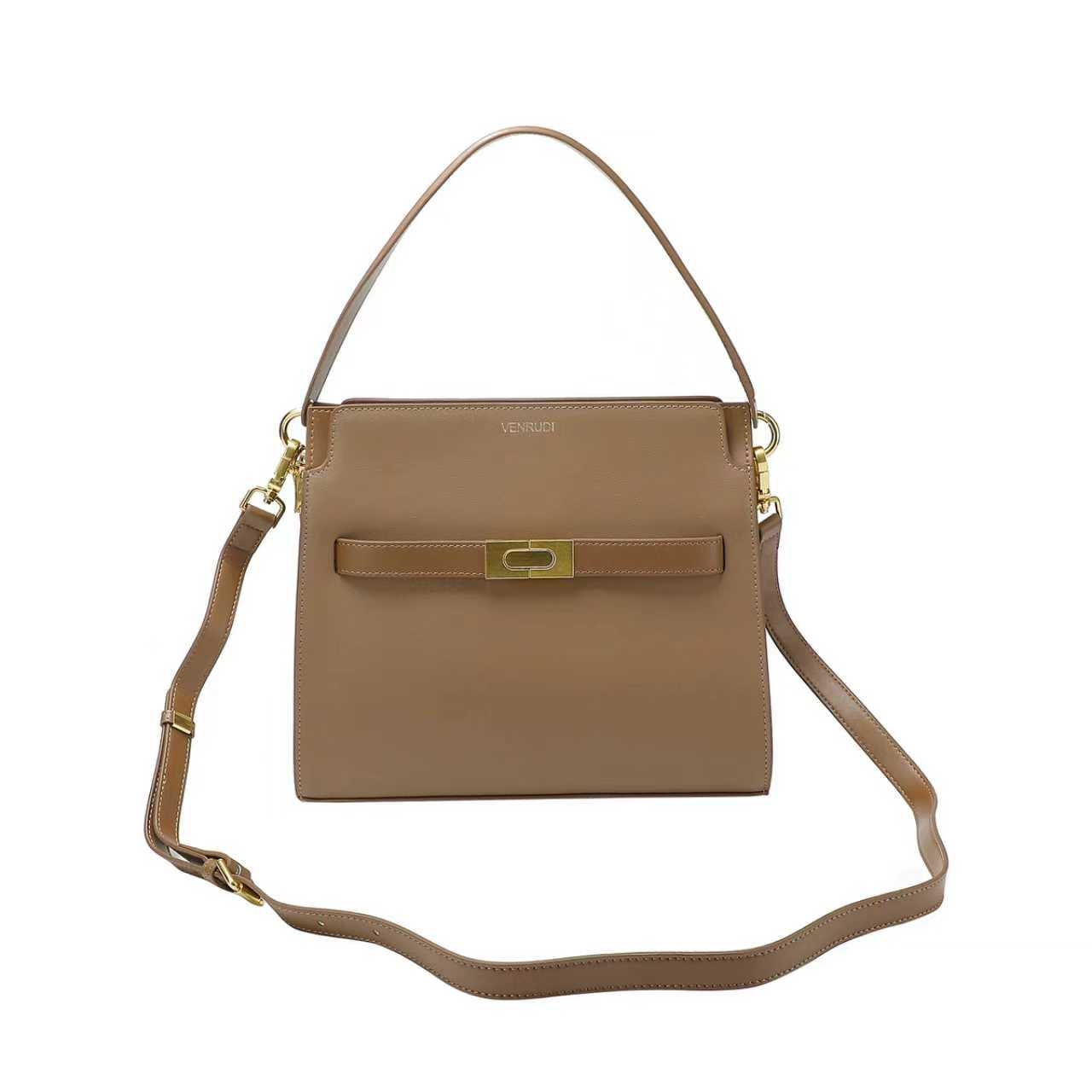 Tan Leather Handbag with Belt-Buckle Detail and Detachable Shoulder Strap
