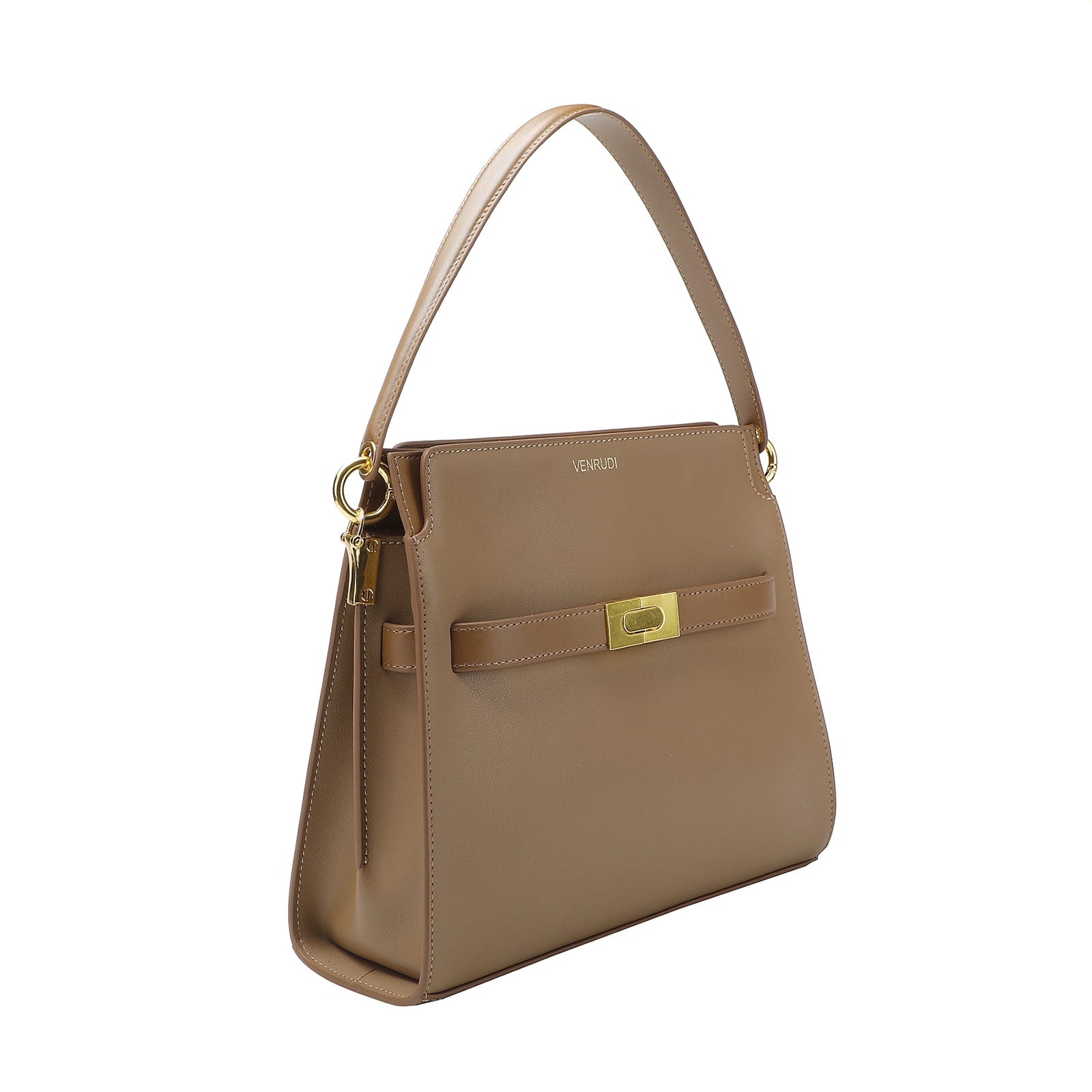 Tan Leather Handbag with Belt-Buckle Detail and Detachable Shoulder Strap
