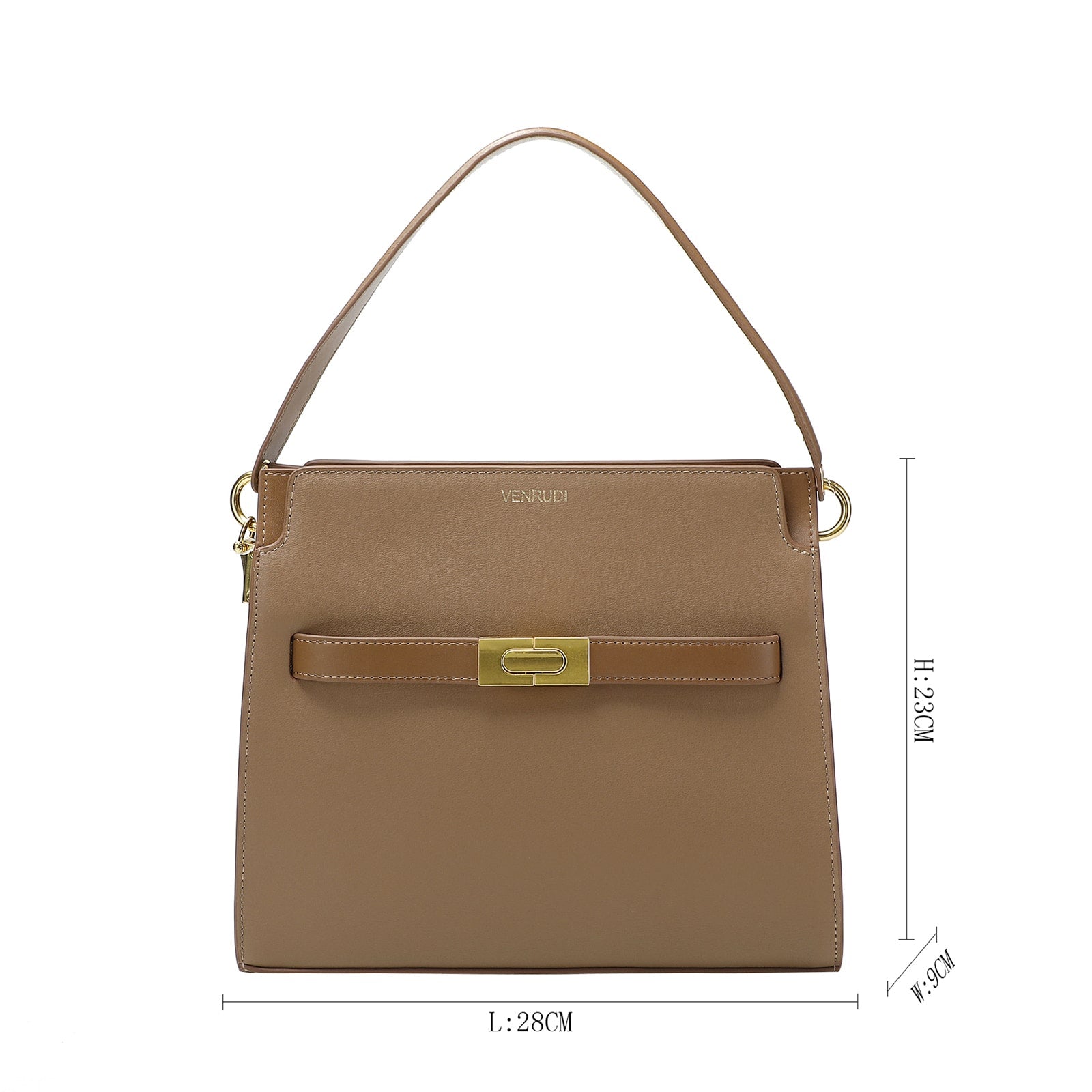 Tan Leather Handbag with Belt-Buckle Detail and Detachable Shoulder Strap