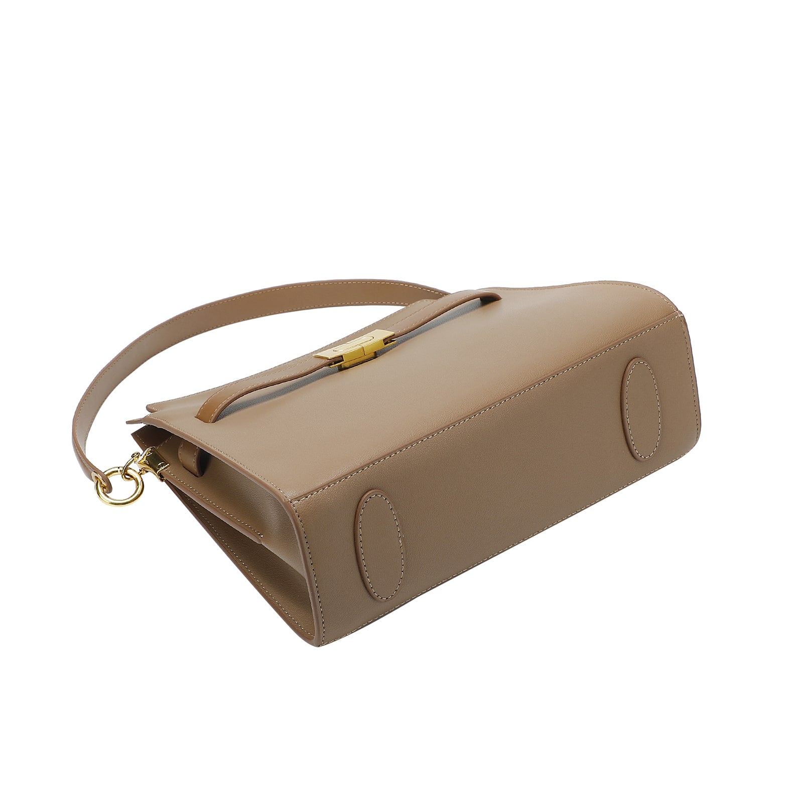 Tan Leather Handbag with Belt-Buckle Detail and Detachable Shoulder Strap