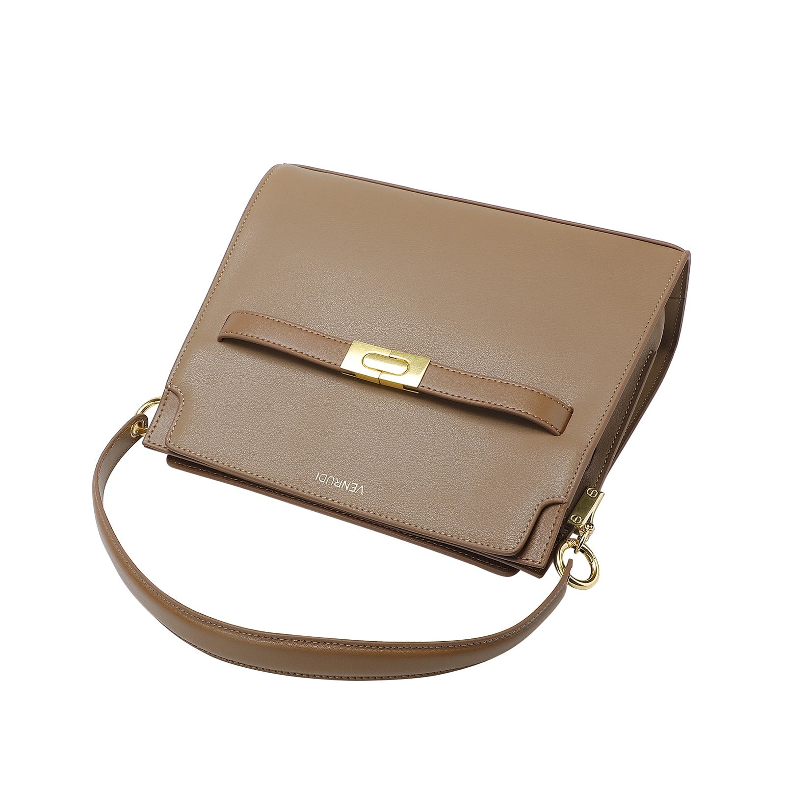 Tan Leather Handbag with Belt-Buckle Detail and Detachable Shoulder Strap
