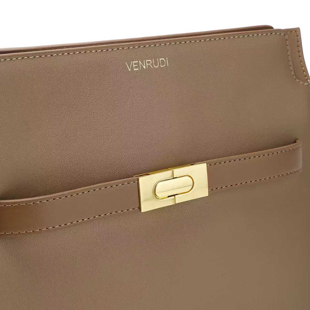 Tan Leather Handbag with Belt-Buckle Detail and Detachable Shoulder Strap