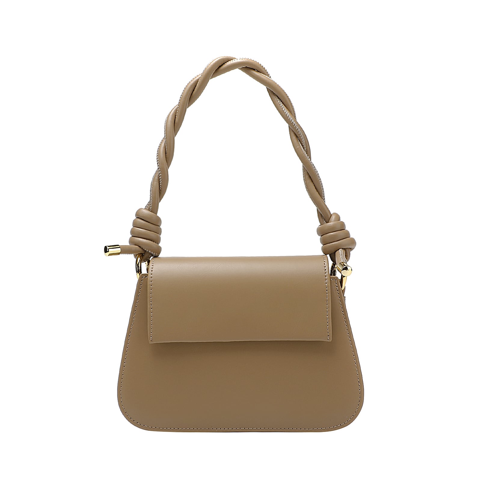 Tan handbag with braided handle on a white background