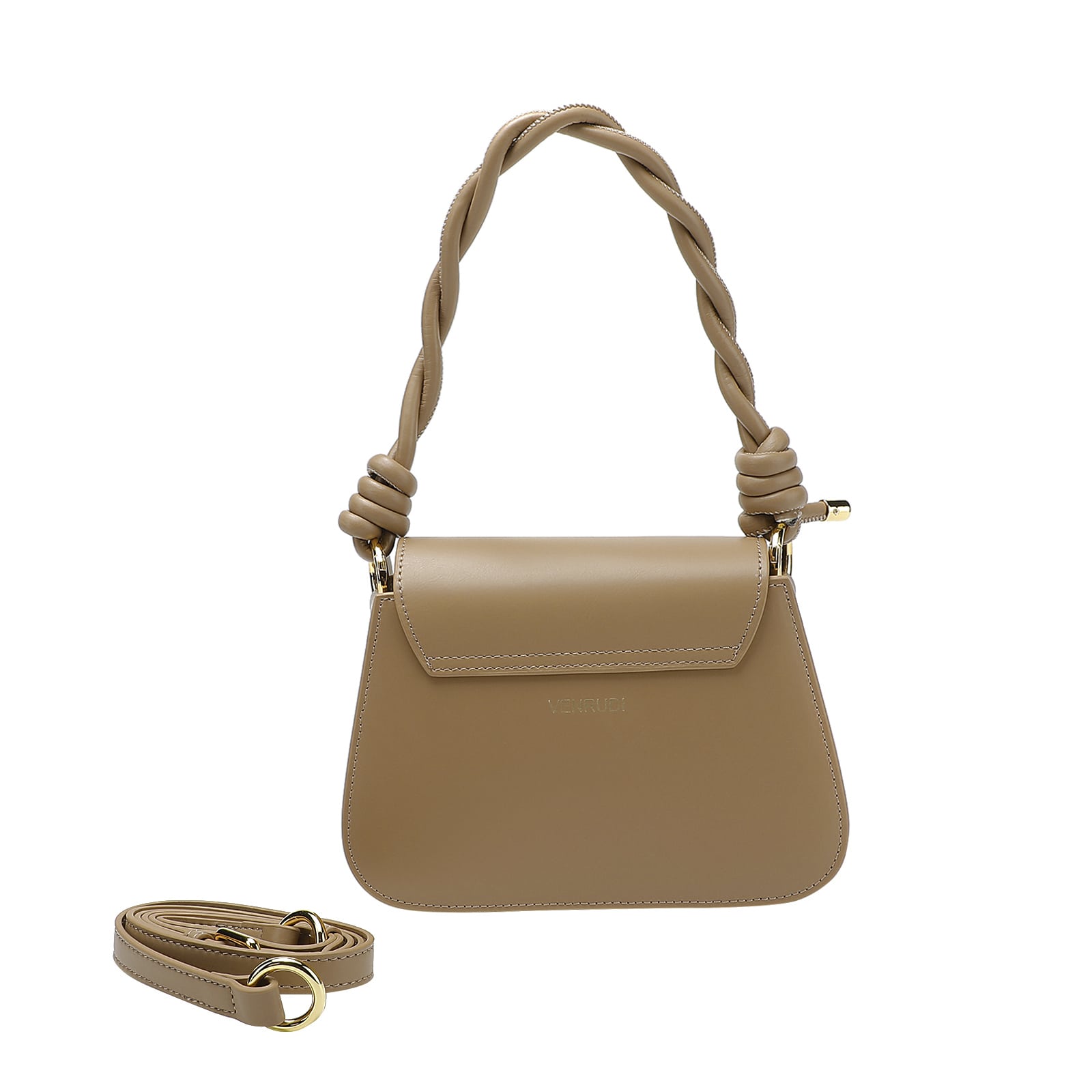 Tan handbag with braided handle and detachable strap on a white background