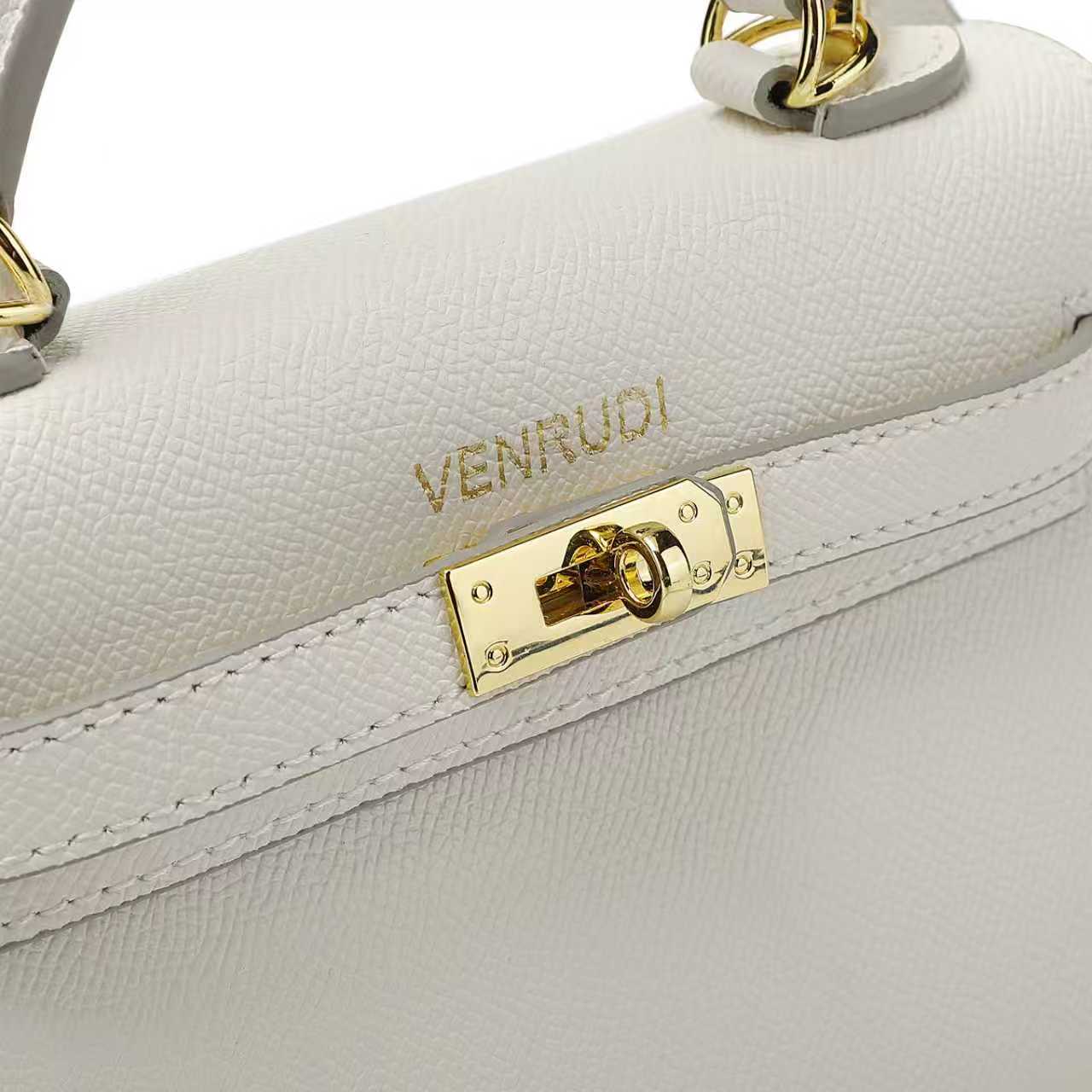 Close-up of a white leather handbag with gold hardware and 'Venrudi' branding.