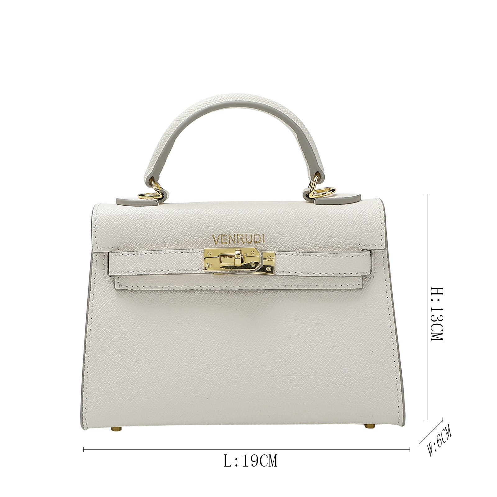 White handbag with gold accents and dimensions on a white background