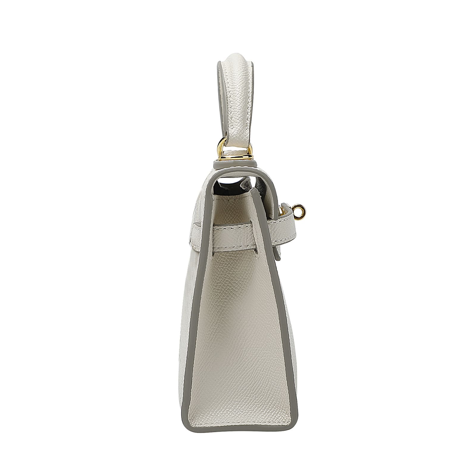 Side profile of a white leather handbag with belt buckle detail and gold accents on a white background