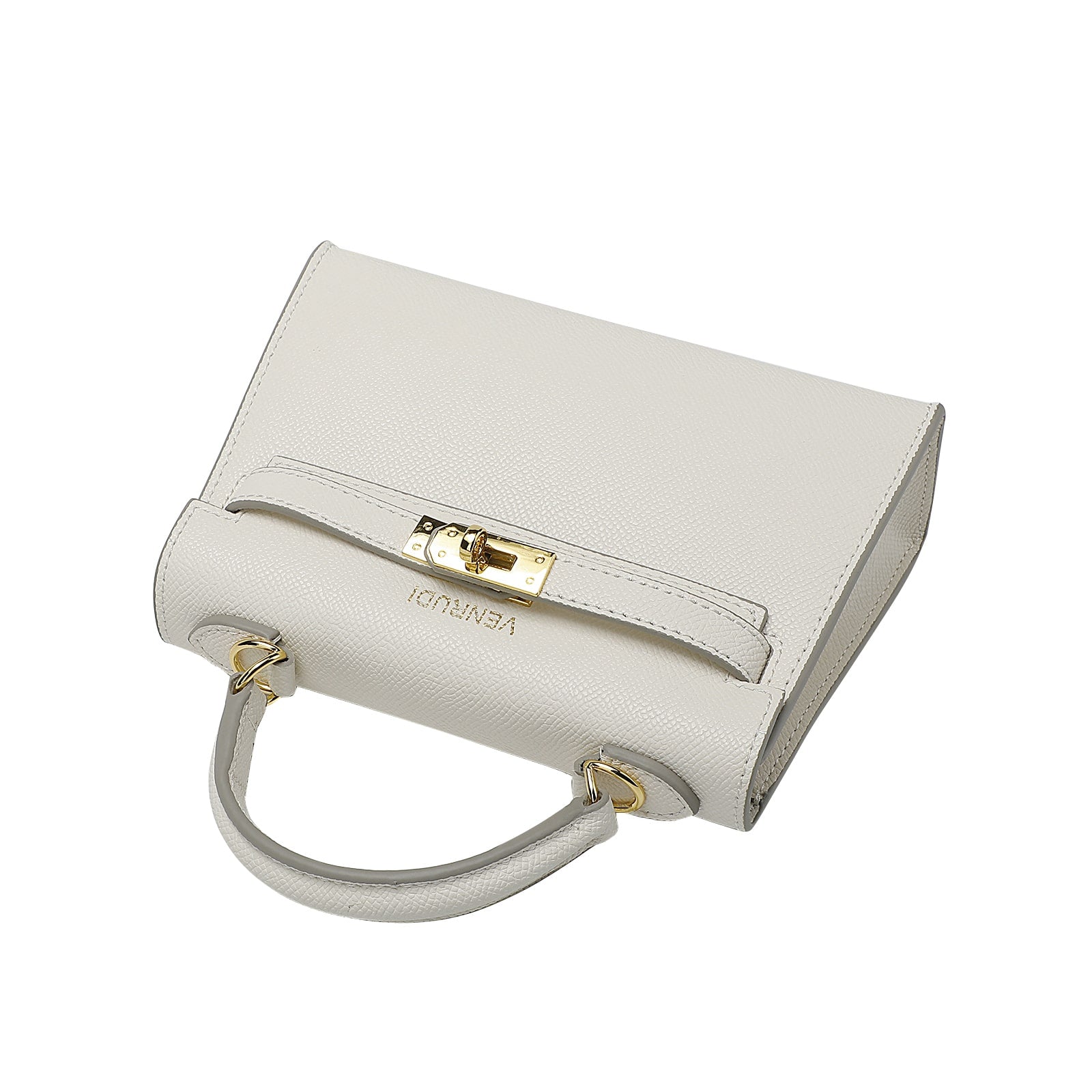 White handbag with gold accents on a white background