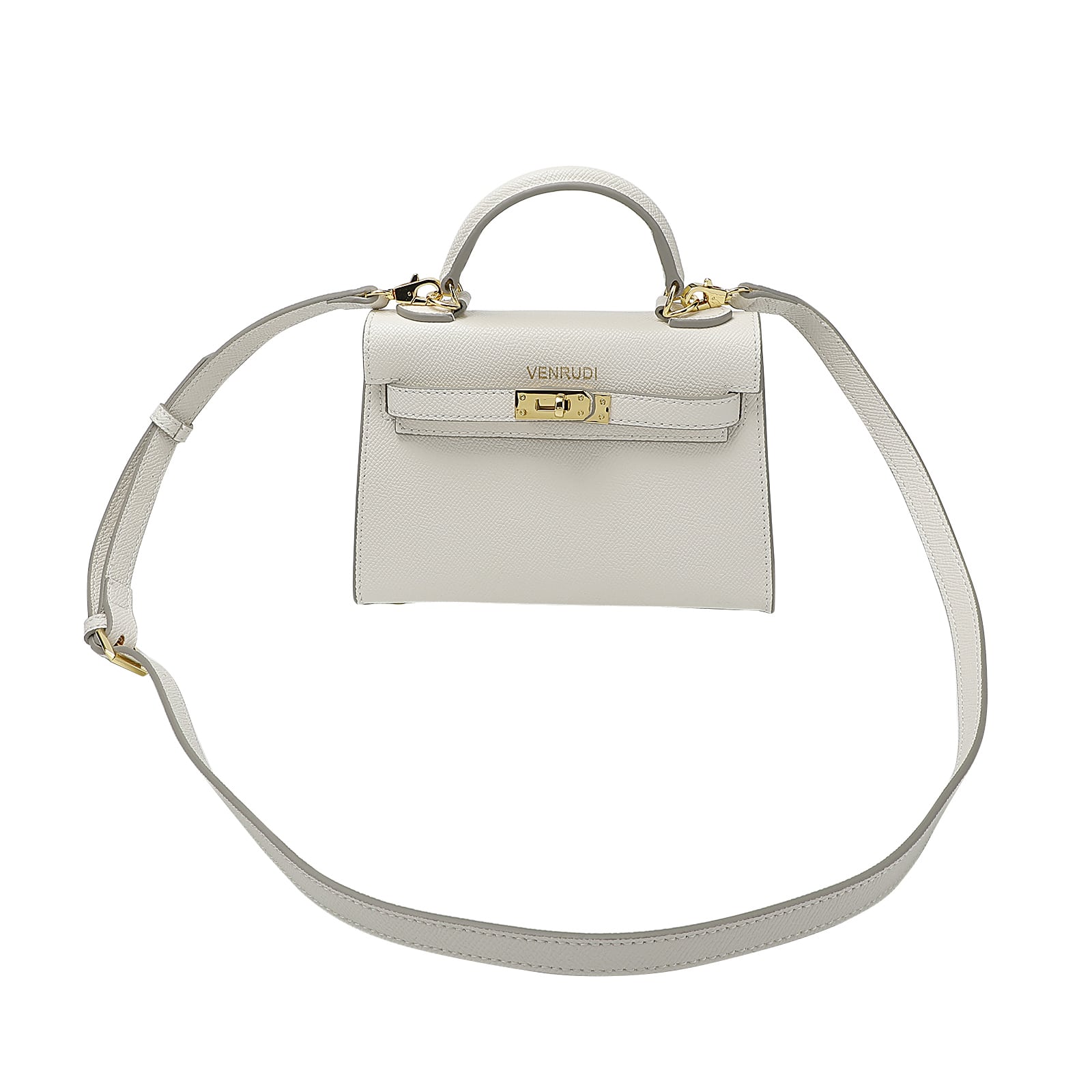 Mini white leather handbag with detachable shoulder strap and gold accents on a white background