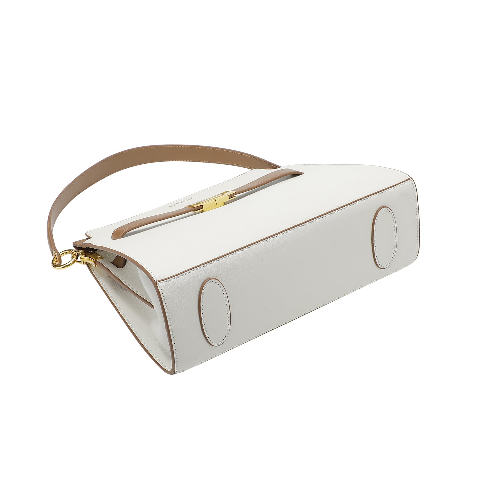 White Leather Handbag with Tan Belt-Buckle Detail and Detachable Shoulder Strap