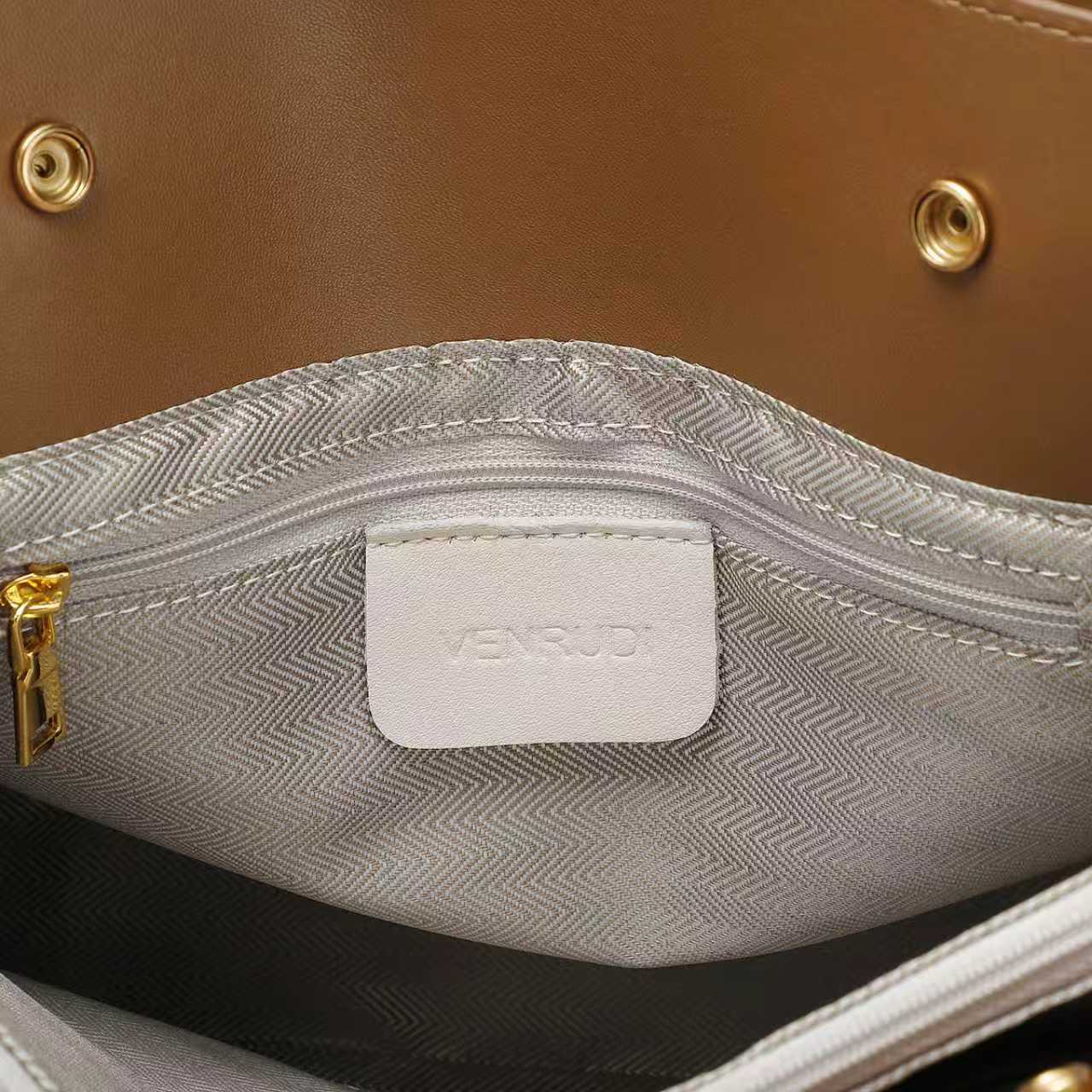 White Leather Handbag with Tan Belt-Buckle Detail and Detachable Shoulder Strap