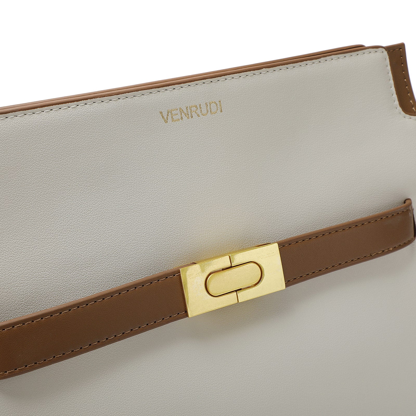 White Leather Handbag with Tan Belt-Buckle Detail and Detachable Shoulder Strap