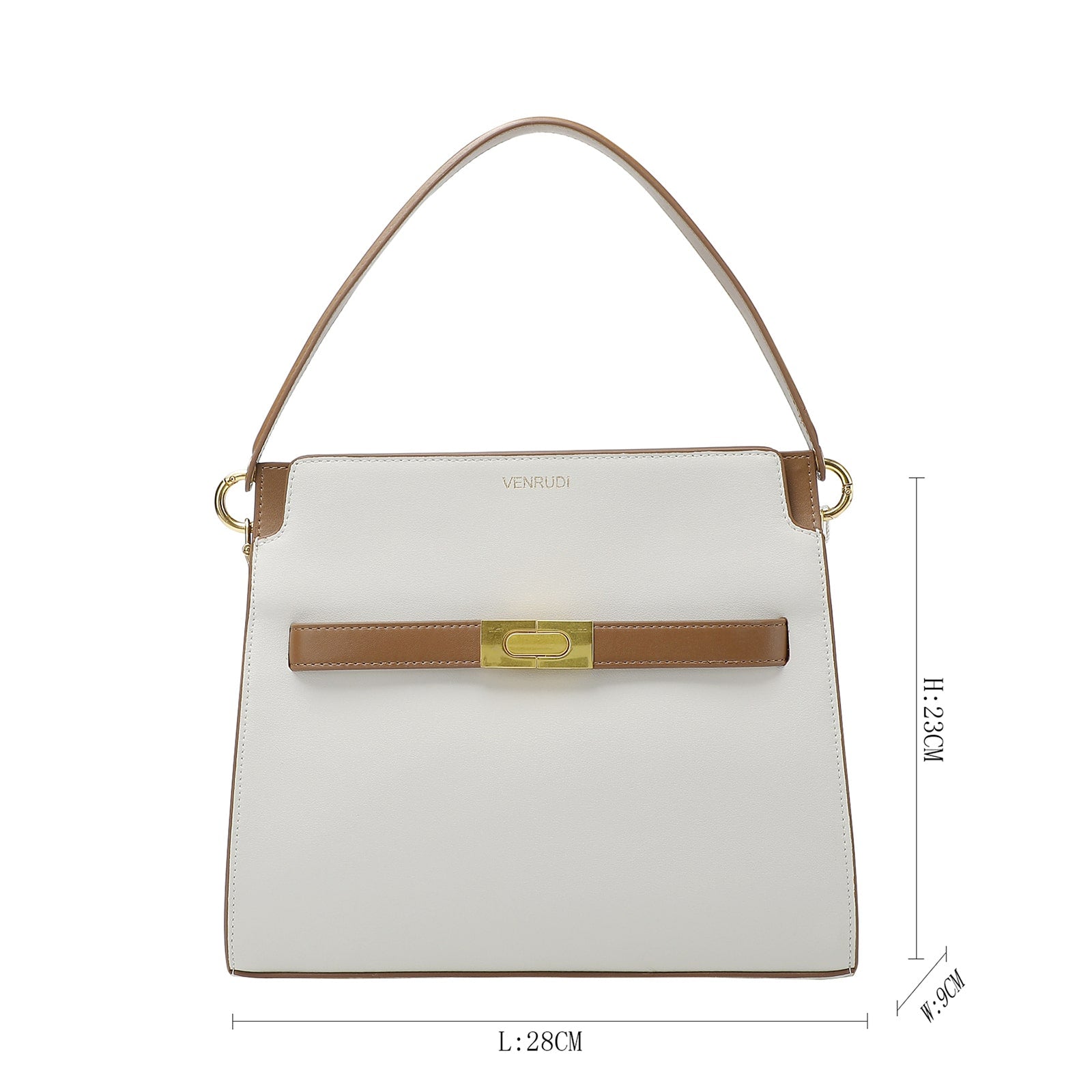 White Leather Handbag with Tan Belt-Buckle Detail and Detachable Shoulder Strap