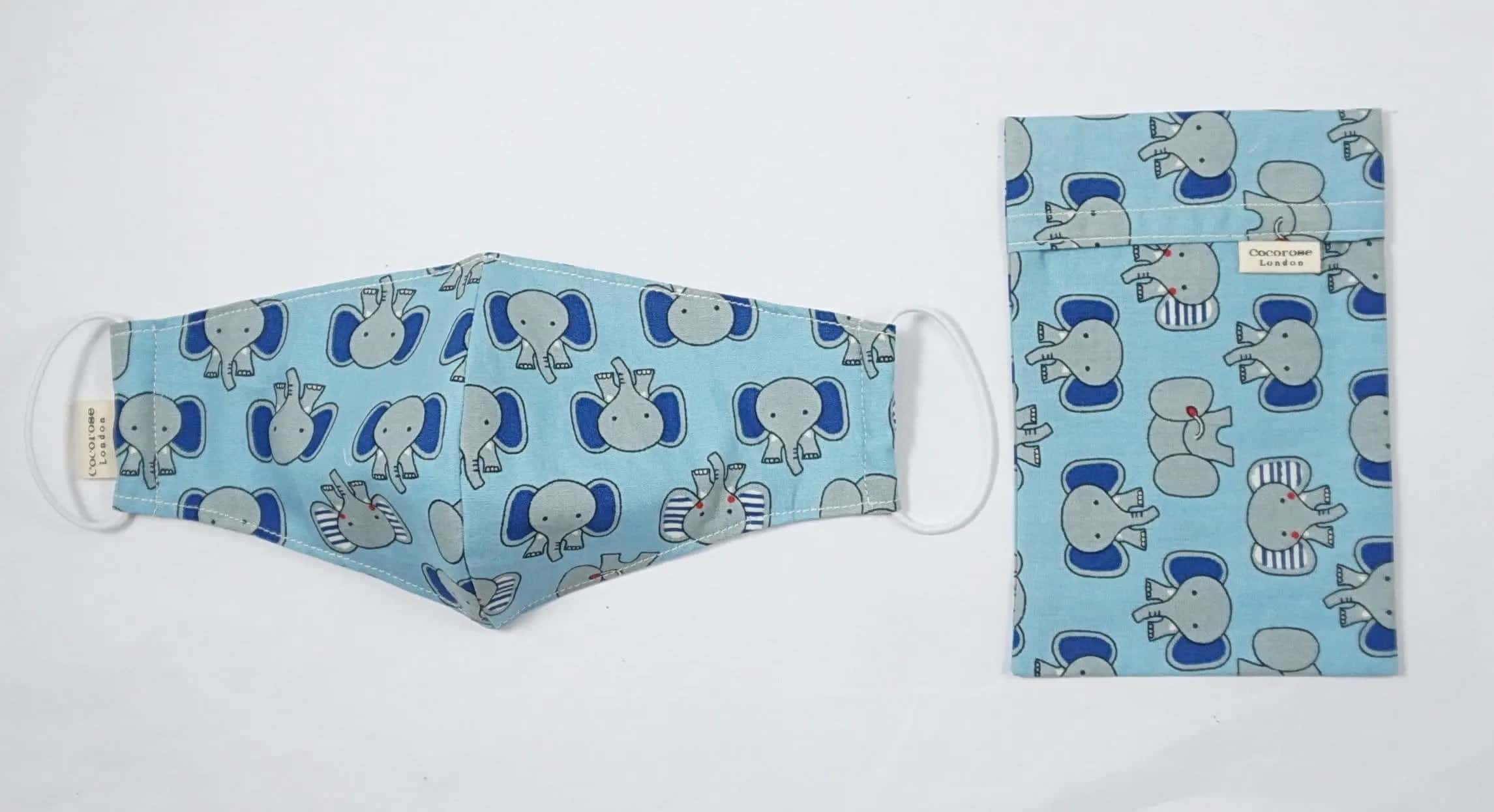 Children's Cotton Face Mask with Filter Pocket and Matching Pouch - Blue and Grey Elephants Cocorose London