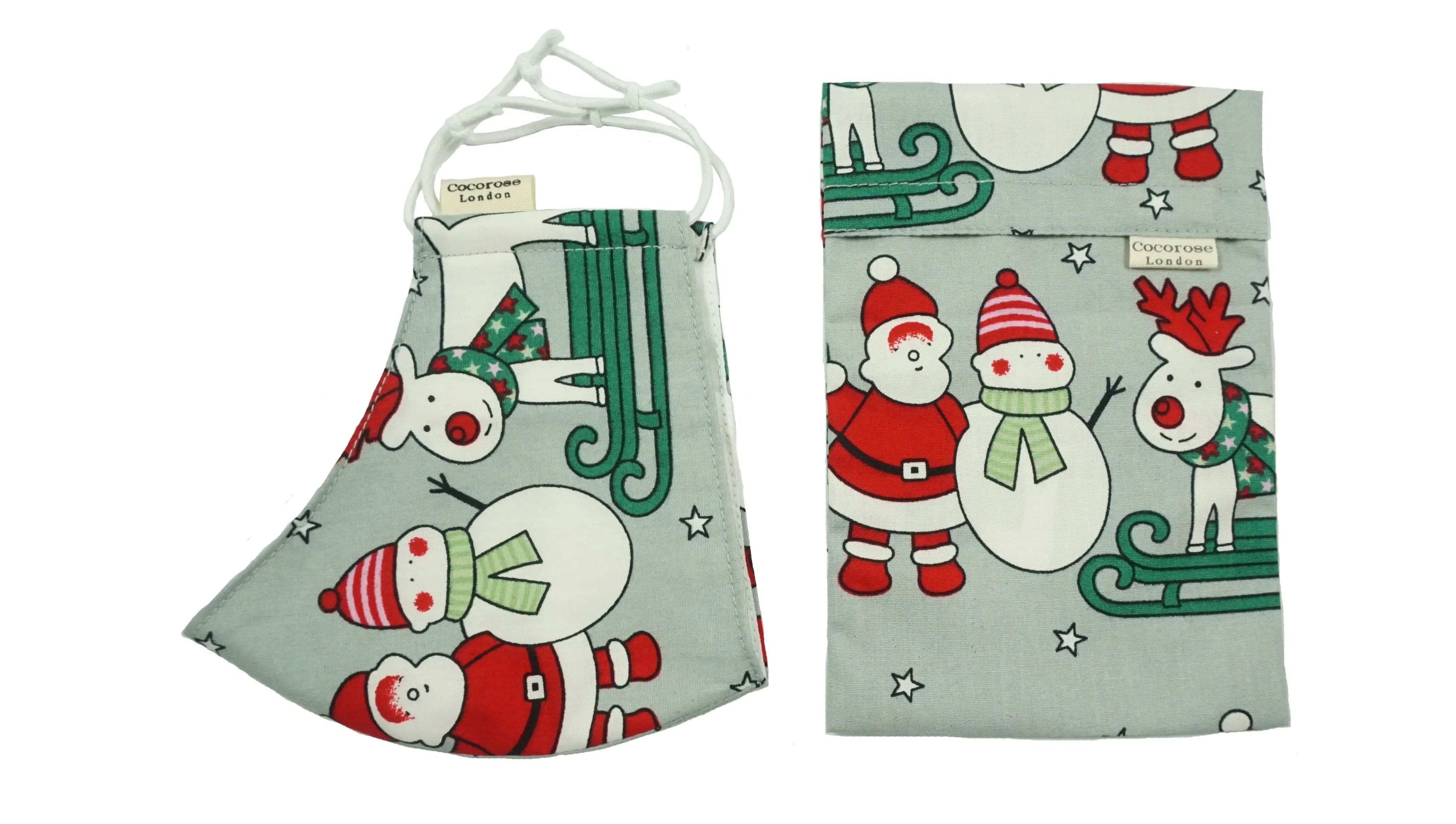 Children's Cotton Face Mask with Filter Pocket and Matching Pouch - Christmas Fun Cocorose London