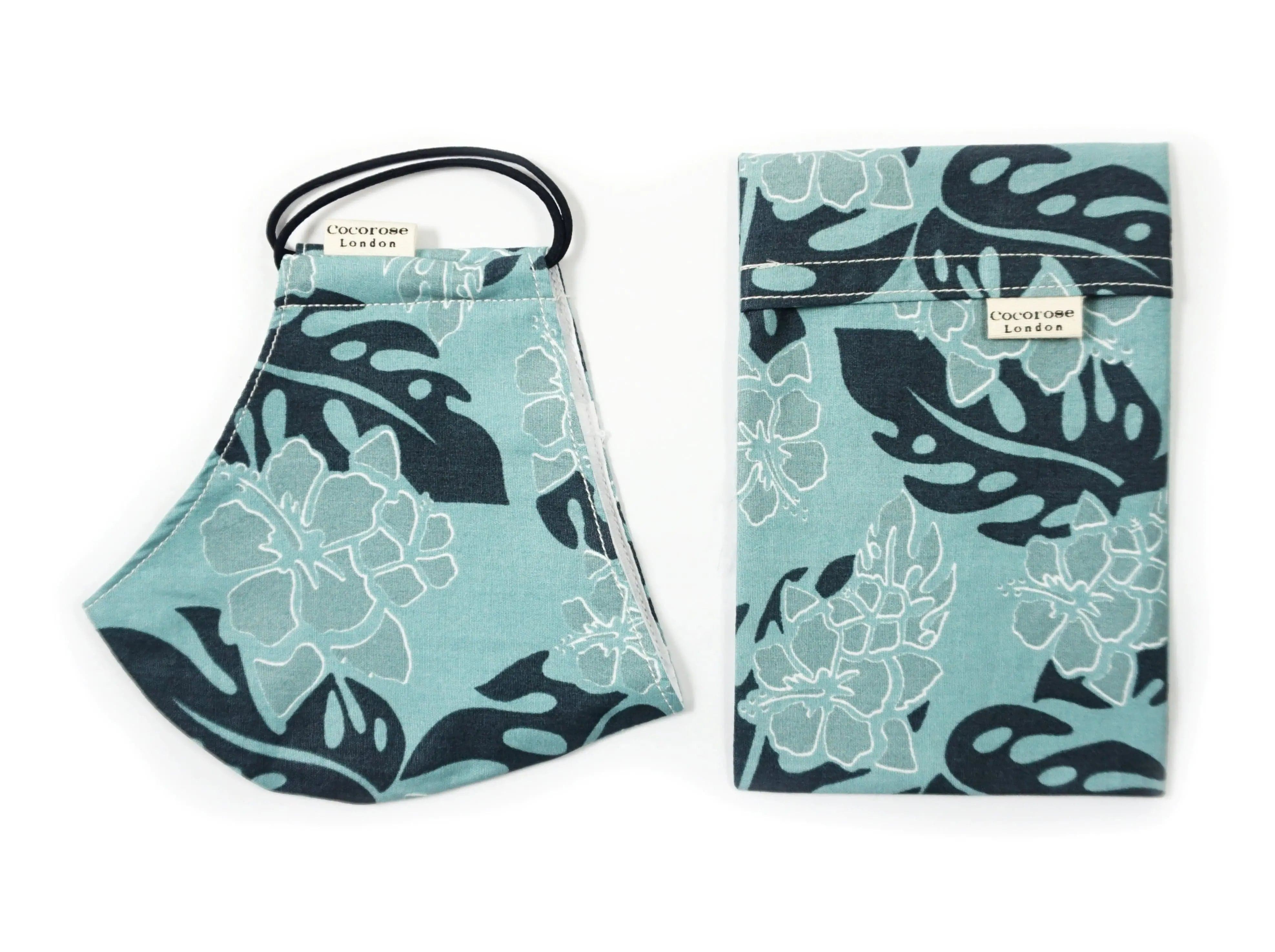 Cotton Face Mask with Filter Pocket and Matching Pouch - Hibiscus Floral Print Sea Green Cocorose London