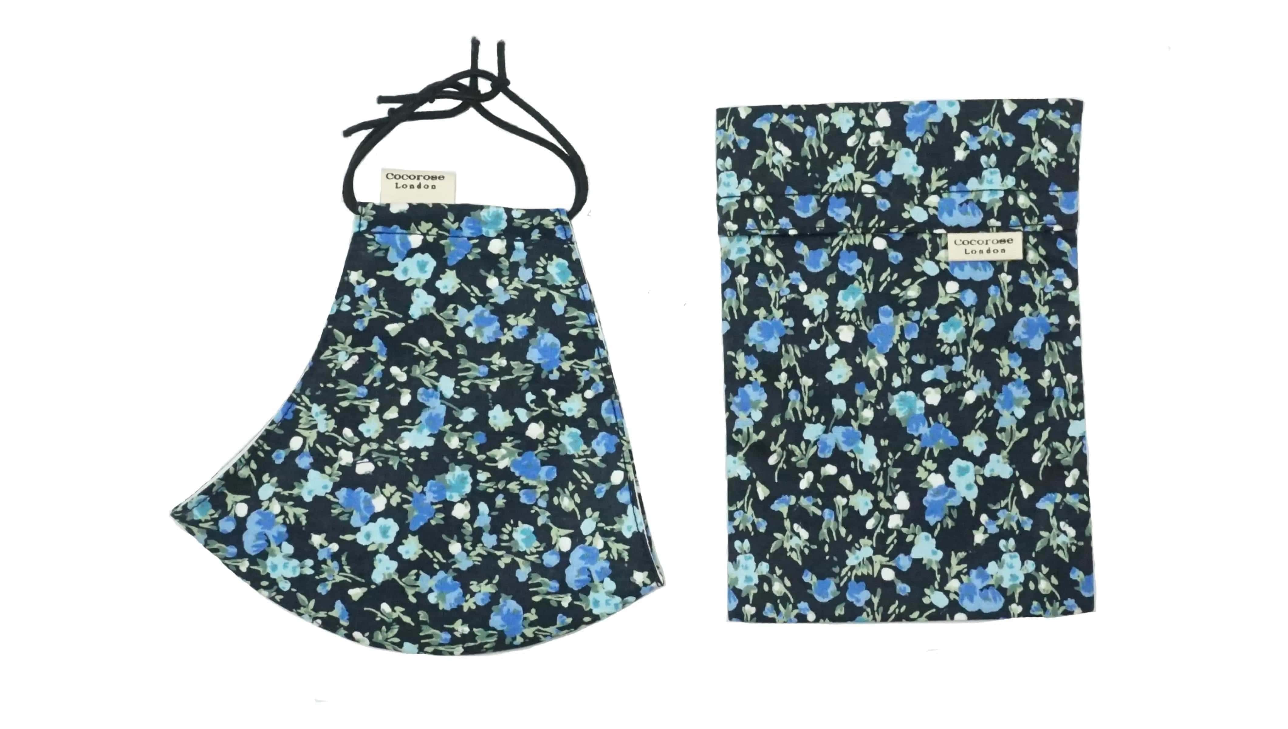 Cotton Face Mask with Filter Pocket and Matching Pouch - Midnight Bluebells Cocorose London