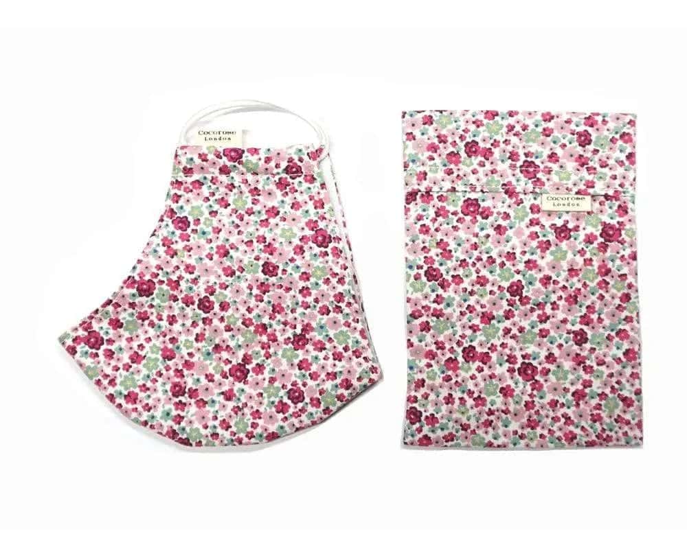 Cotton Face Mask with Filter Pocket and Matching Pouch - Pink Flowers Cocorose London