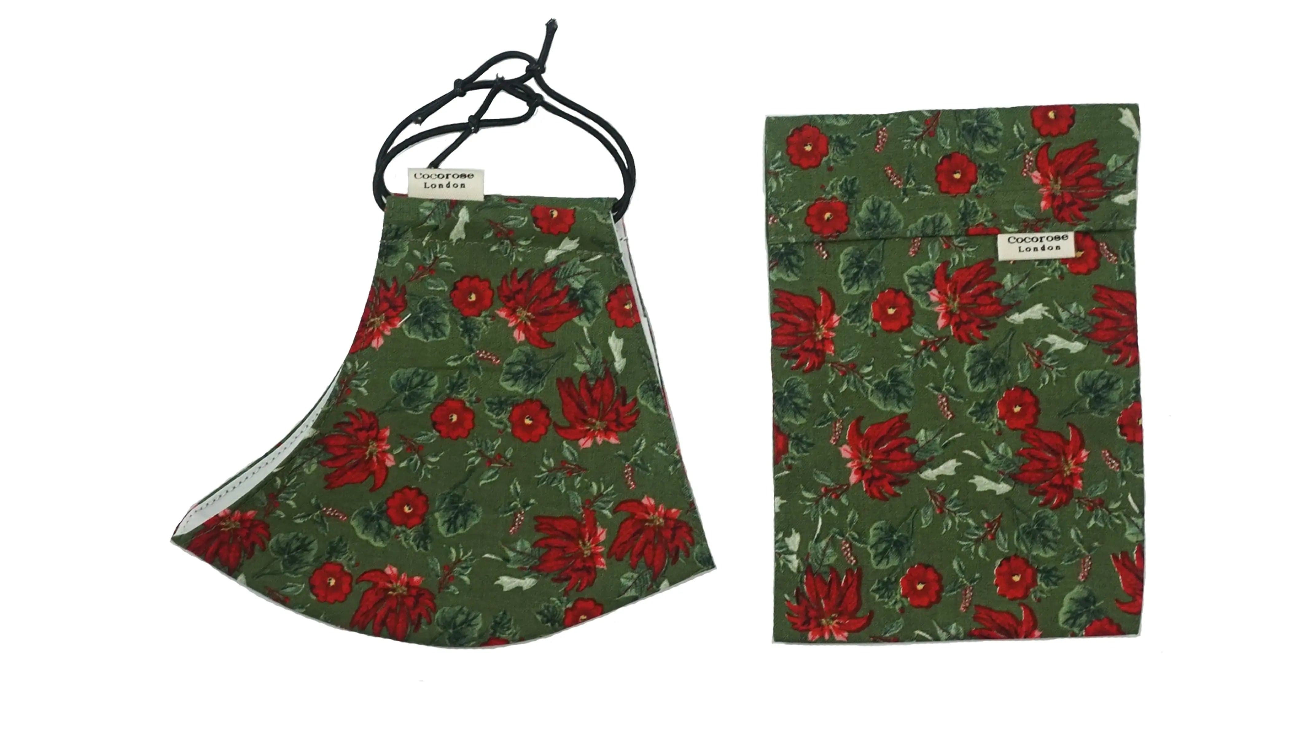 Cotton Face Mask with Filter Pocket and Matching Pouch - Poinsettia Cocorose London