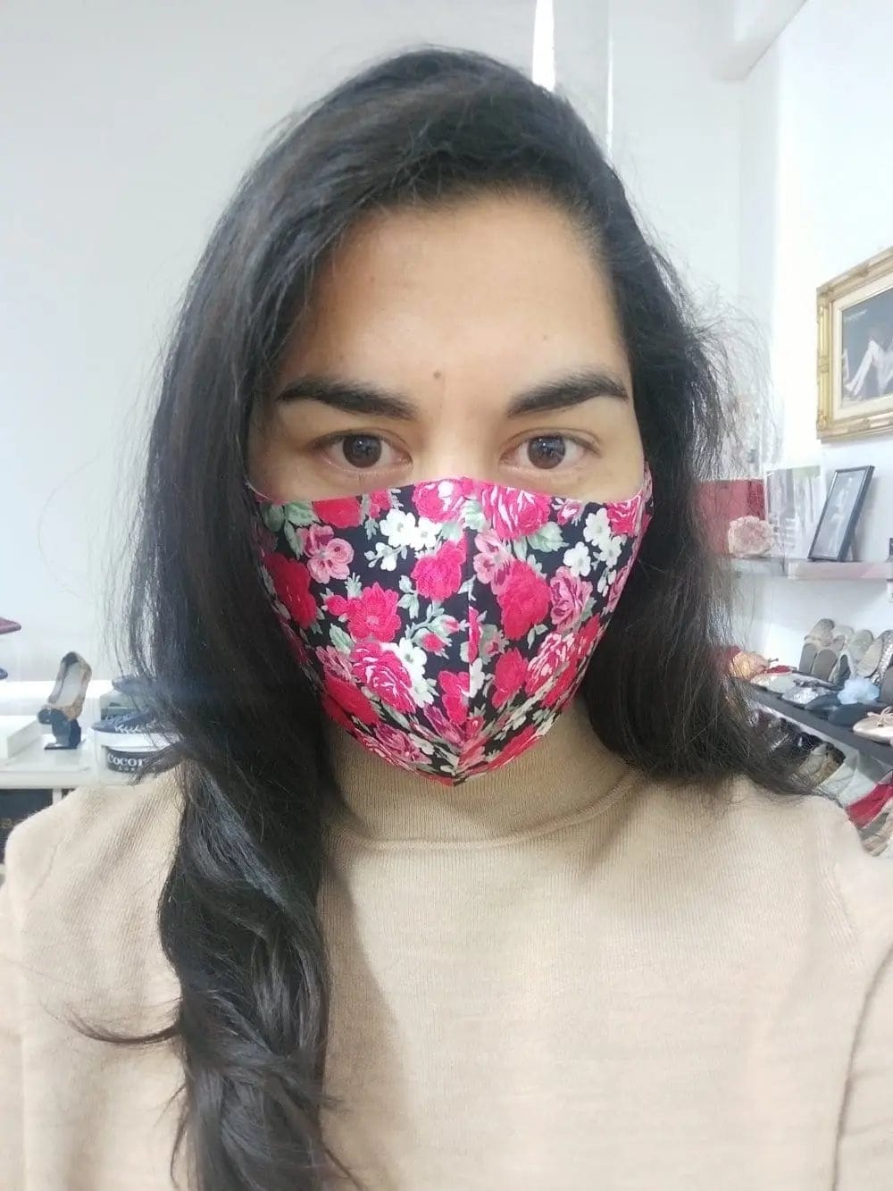 Cotton Face Mask with Filter Pocket and Matching Pouch - Rose Print Black Cocorose London