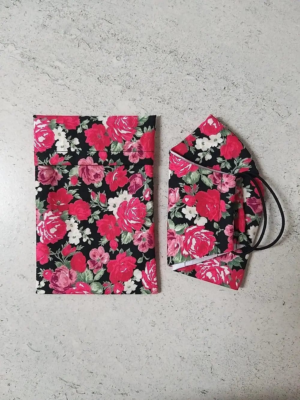 Cotton Face Mask with Filter Pocket and Matching Pouch - Rose Print Black Cocorose London