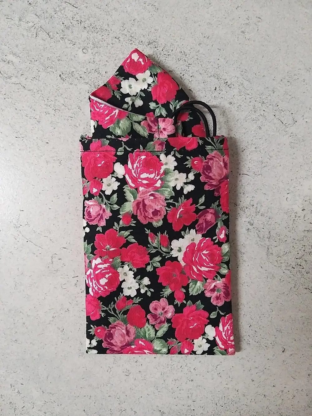 Cotton Face Mask with Filter Pocket and Matching Pouch - Rose Print Black Cocorose London