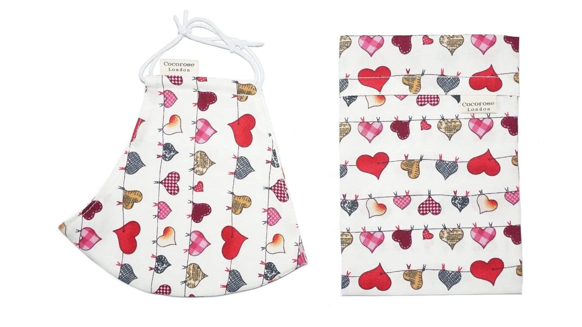 Cotton Face Mask with Filter Pocket and Pouch - Heart Bunting White Cocorose London