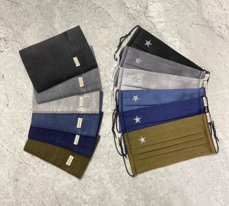Pleated Silk Face Mask with Nose Wire and Matching Pouch - Khaki Green With Silver Star Cocorose London