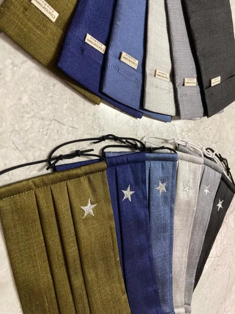 Pleated Silk Face Mask with Nose Wire and Matching Pouch - Khaki Green With Silver Star Cocorose London