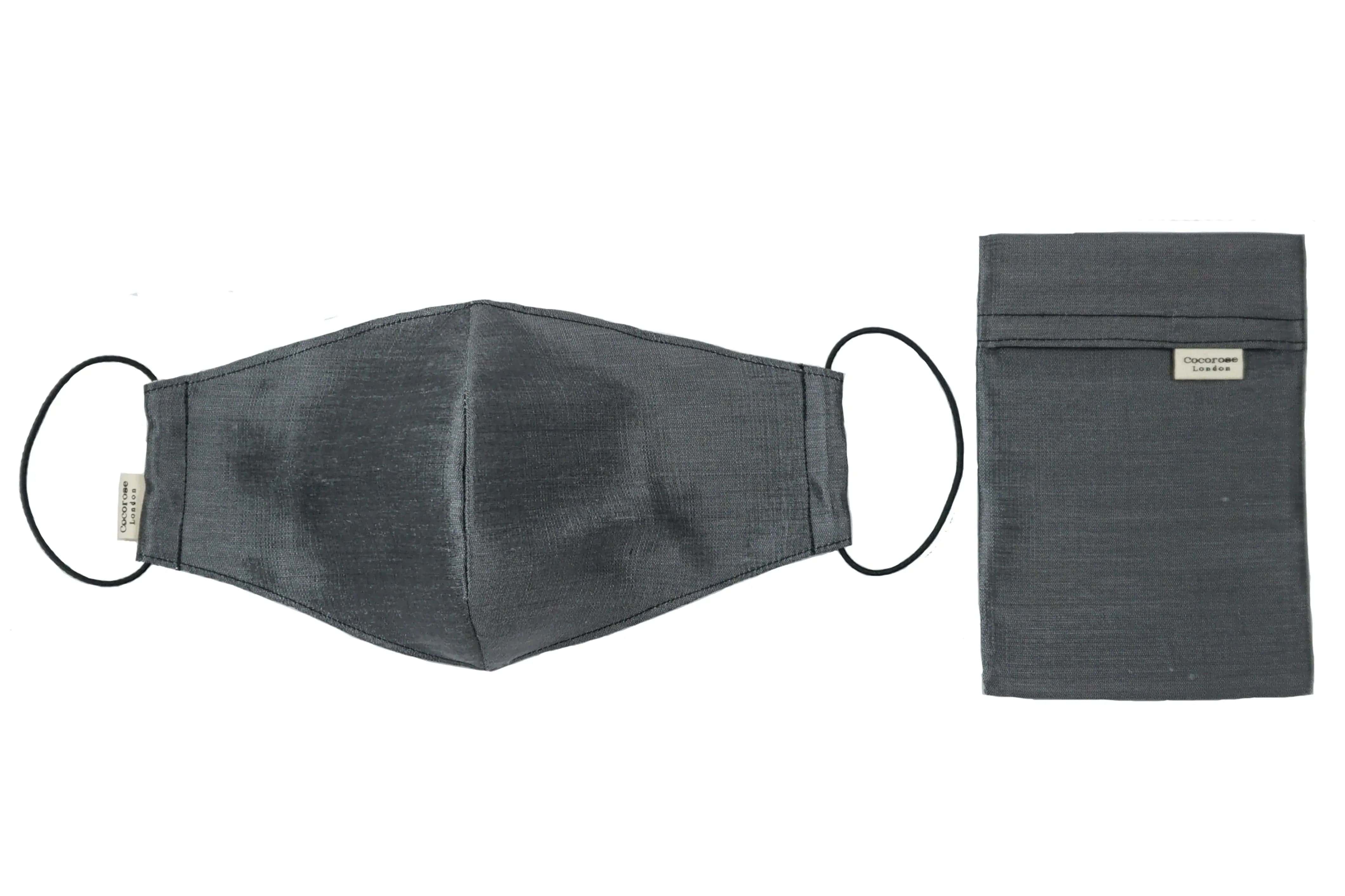 Silk Face Mask with Filter Pocket and Matching Pouch - Dark Grey Cocorose London