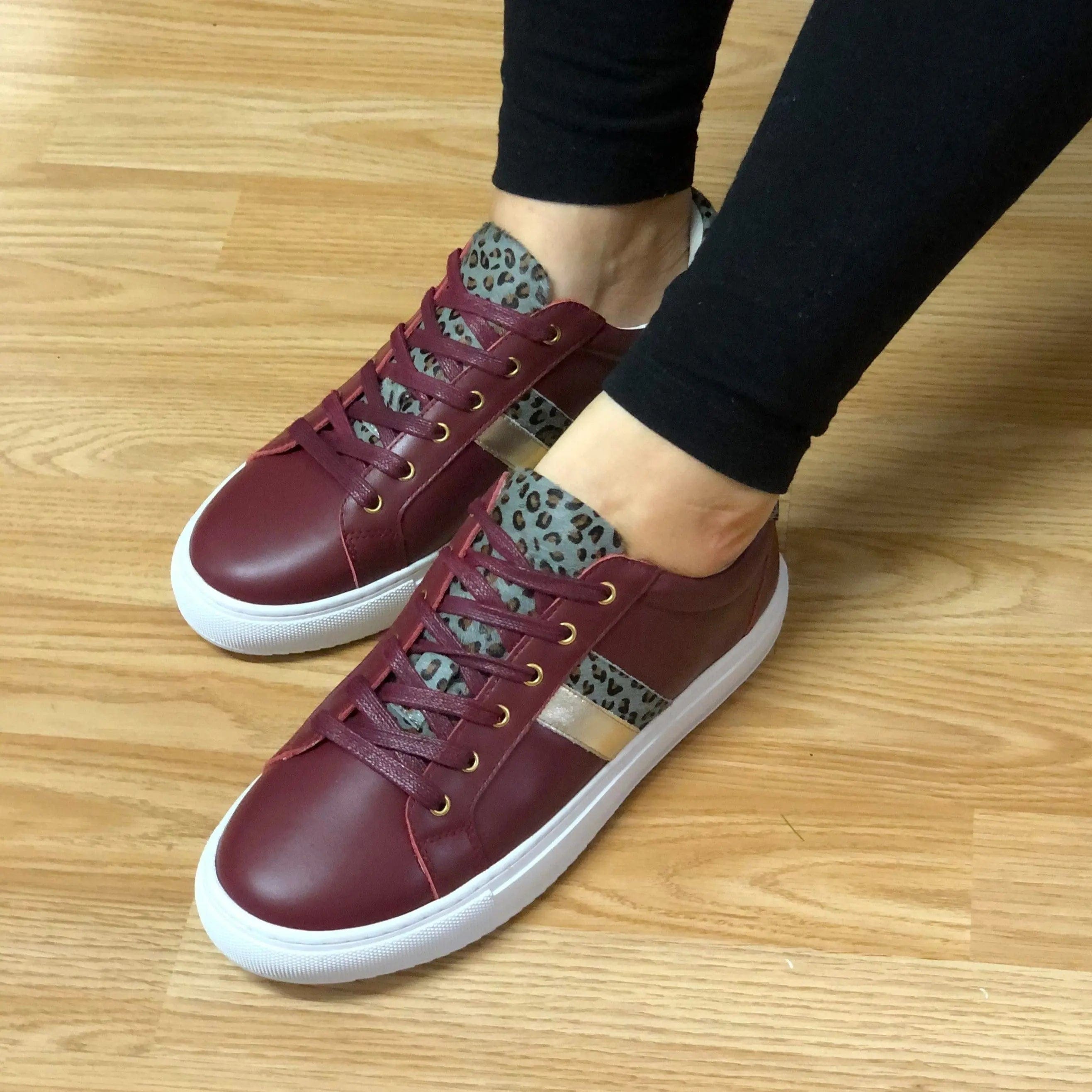 Hoxton - Stripes Burgundy & Leopard Trainers Cocorose London