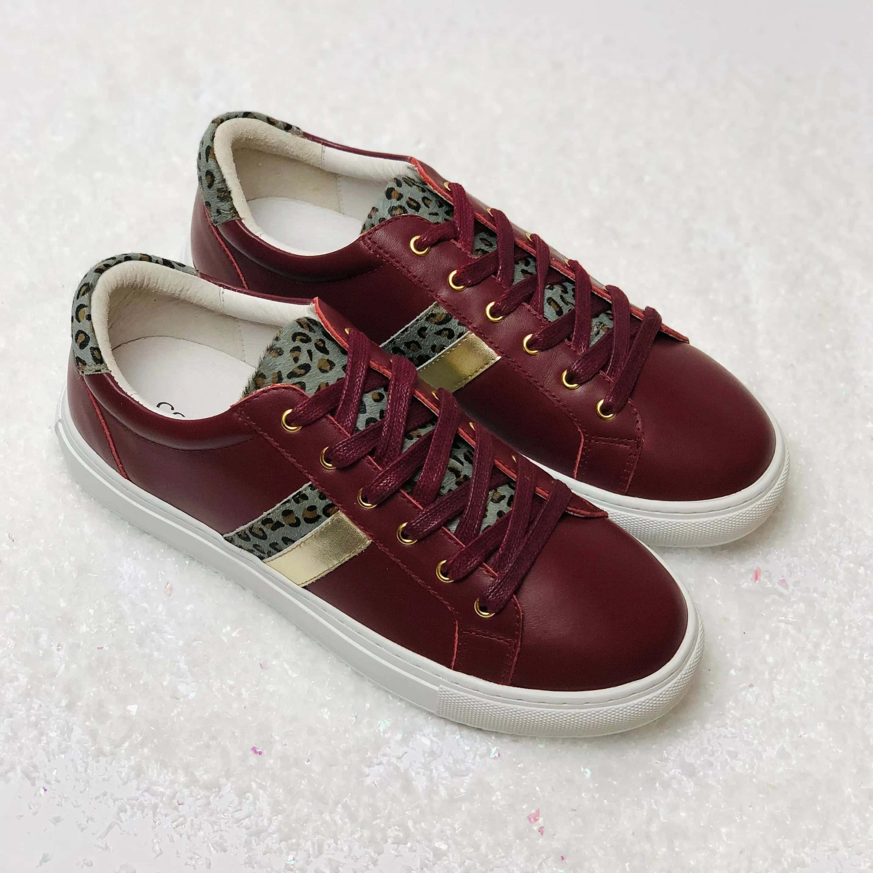 Hoxton - Stripes Burgundy & Leopard Trainers Cocorose London