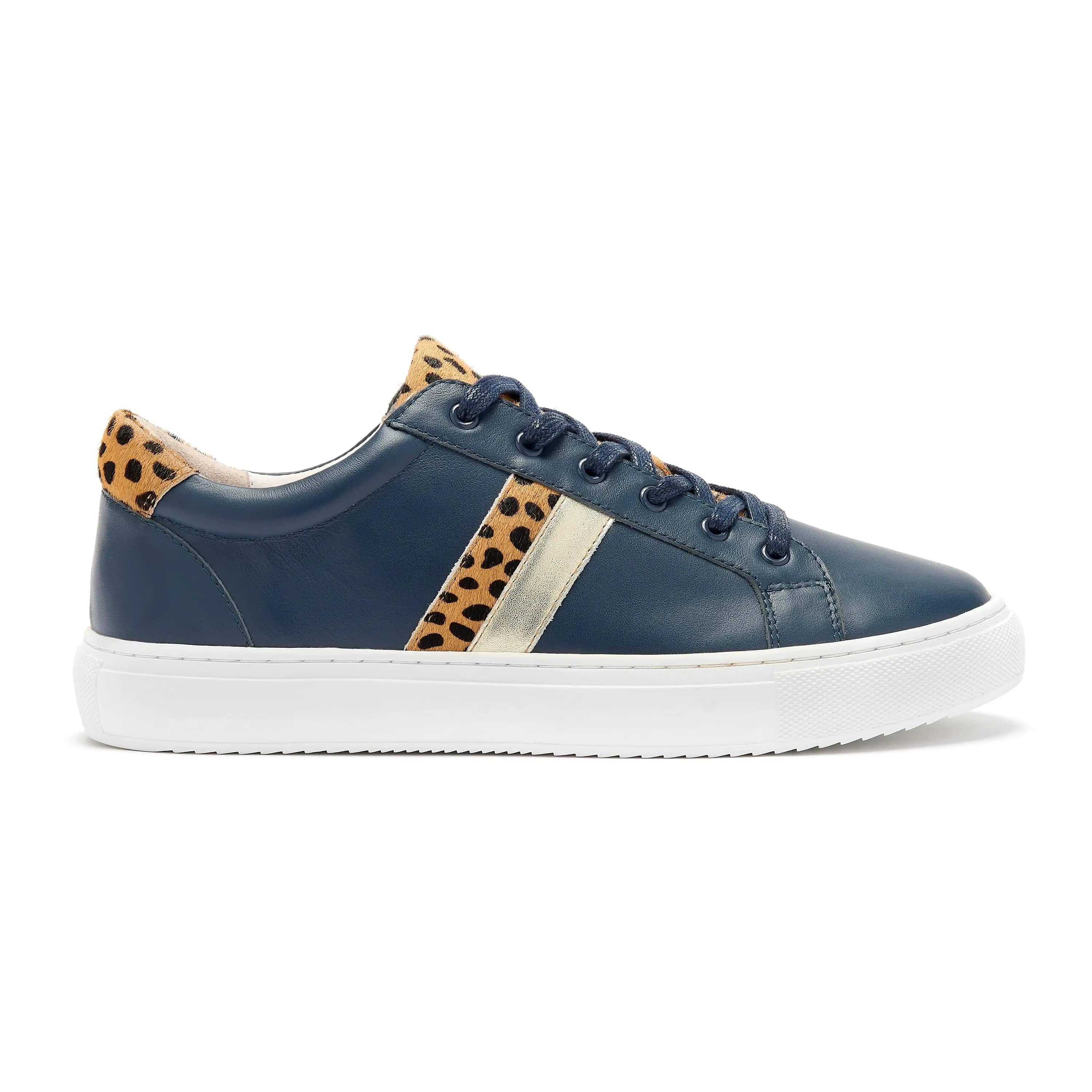 Hoxton - Stripes Navy and Leopard Leather Trainer (EU42 only) Cocorose London