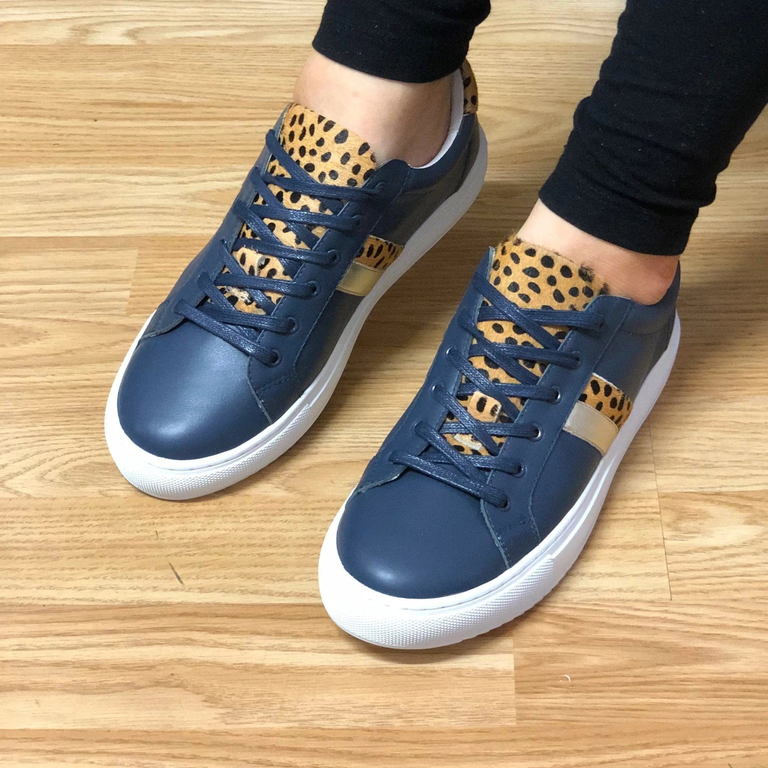 Hoxton - Stripes Navy and Leopard Leather Trainer (EU42 only) Cocorose London