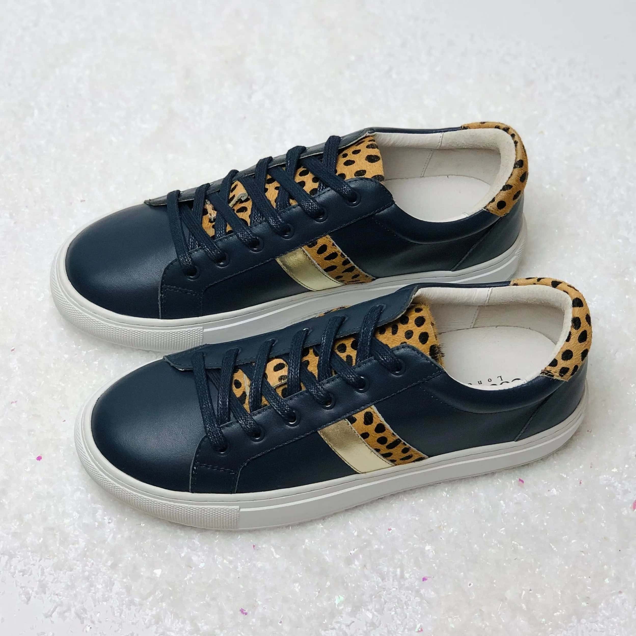 Hoxton - Stripes Navy and Leopard Leather Trainer (EU42 only) Cocorose London
