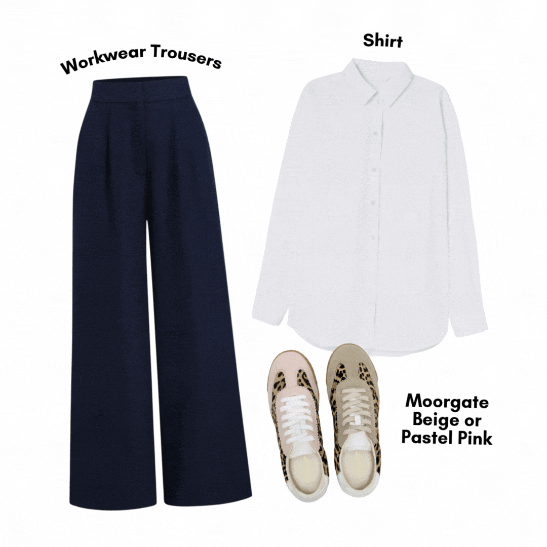Leopard Print trainers in a design flat lay. Pairing with denim and navy.