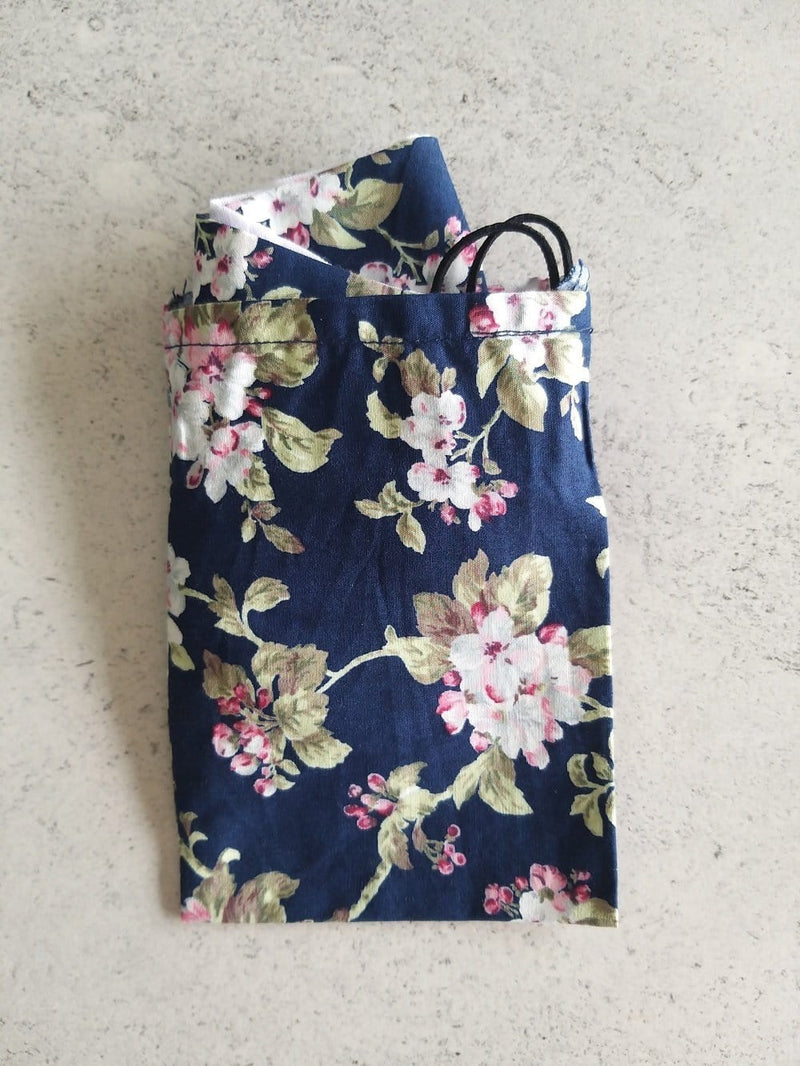 Cotton Face Mask with Filter Pocket and Matching Pouch - Floral Print Navy Cocorose London