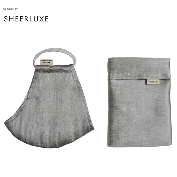 Silk Face Mask with Filter Pocket and Matching Pouch - Grey Pearl Cocorose London