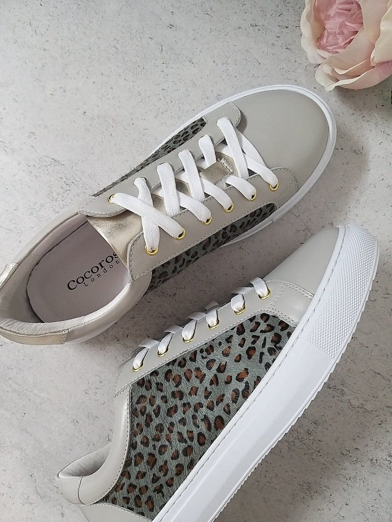 Hoxton - Dove Grey  with Grey Leopard Leather Trainers Cocorose London
