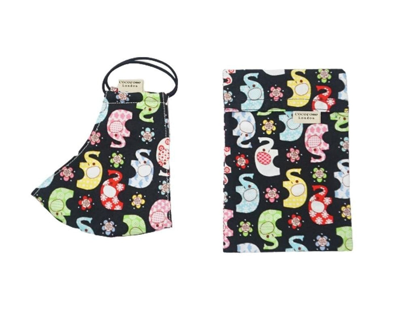 Children's Cotton Face Mask with Filter Pocket and Matching Pouch - Colourful Elephants Cocorose London