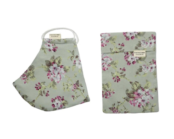 Cotton Face Mask with Filter Pocket and Matching Pouch - Floral Print Sage Cocorose London