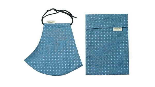 Cotton Face Mask with Filter Pocket and Matching Pouch - Blue Polka Dots Cocorose London