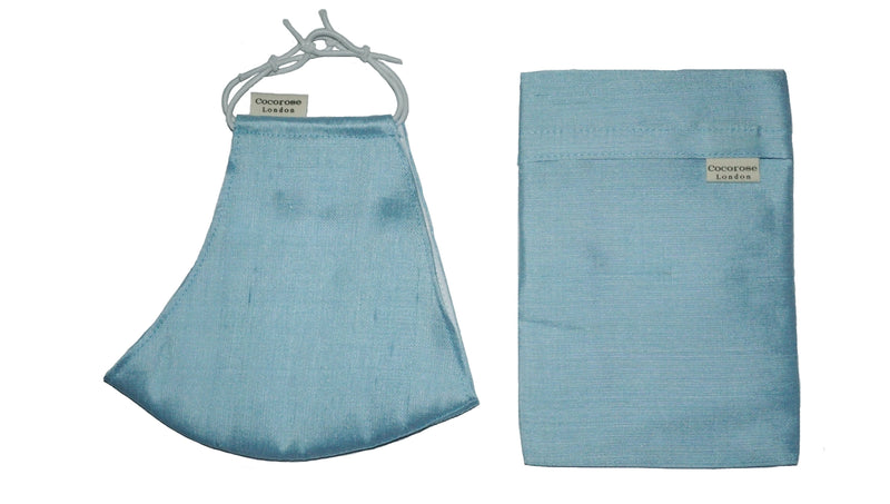 Silk Face Mask with Filter Pocket and Matching Silk Pouch - Sky Blue Cocorose London